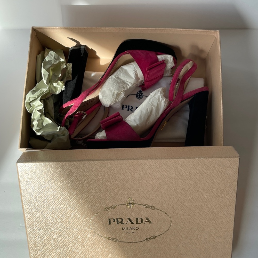 Prada Pink Suede Platform Sandals with Black Block Heel no box - Picture 7 of 10
